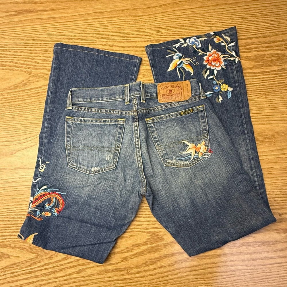 Lucky Brand Blue Denim Flare Jeans with Floral Embroidery - Picture 5 of 15